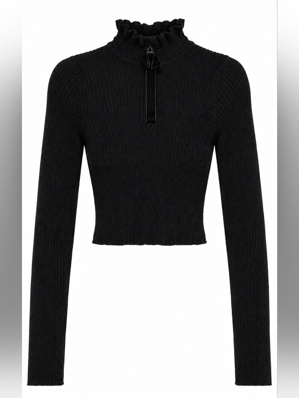 Zara Black Ribbed Mock-Ruffle Long Sleeve Top